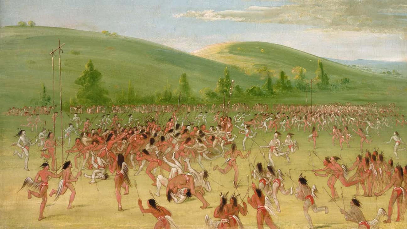 "Ball-play of the Choctaw – ball up" by George Catlin
