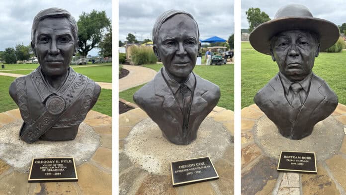 Bronze busts of three historic Choctaws, Chief Gregory Pyle, Delton Cox and Bertram Bobb