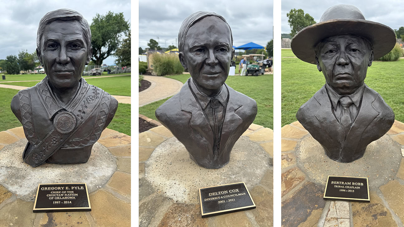 Bronze busts of three historic Choctaws, Chief Gregory Pyle, Delton Cox and Bertram Bobb