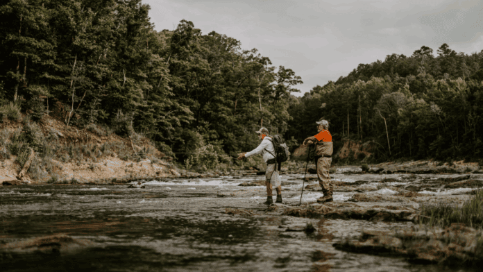 Two men fly fishing with one casting a line and the other standing nearby in waders.